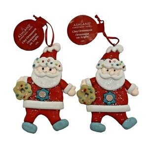 Santa Glitter Christmas Icon Clay Ornament Ashland 4" Holiday Cookie Set of 2